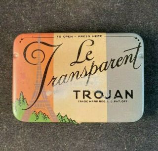 Vintage Trojan Le Transparent Condom Prophylactic Rare Old Advertising Tin
