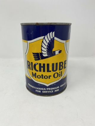 Richlube Motor Oil Can Sae 20 & 20w Aviation 55 Vintage All Weather Full Quart