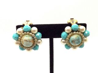 Fabulous Vintage Faux Turquoise And Pearl Costume Earrings Great Gift