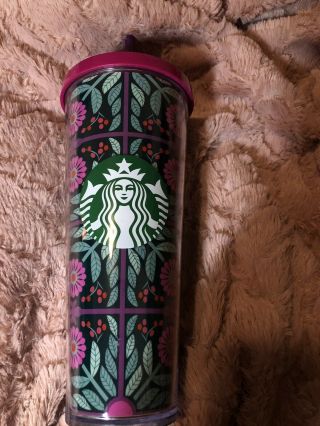 Starbucks Pink Fuschia Flower Tumbler Arendelle Ana 24oz Venti Cold Cup Rare Htf