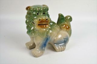9 " Vintage Chinese Glazed Porcelain Foo Dog Figurine,  Green,  Blue,  White,  Brown