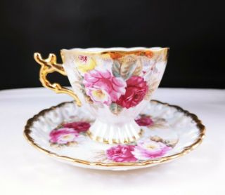 Vintage Shafford Japan Hand Painted Lusterware Roses Gold Gilt Teacup & Saucer
