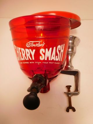 33 c1950 Fowler ' s CHERRY SMASH Syrup Dispenser w/ clamp Ruby Red Glass 2
