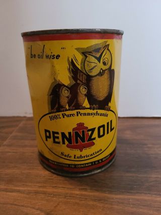 Vintage 3 Owl Pennzoil 1 Quart Motor Oil Can Very Rare Full