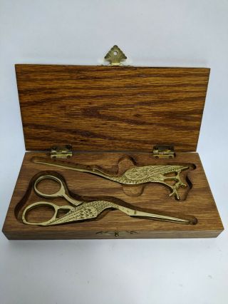 Brass Crane Scissors And Letter Opener Set In Wooden Box Bird Stork Vintage