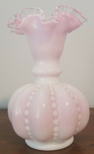 Vintage Fenton White/pink Glass Melon Vase W/ Silver Crest Fluted Top Beaded Vgc