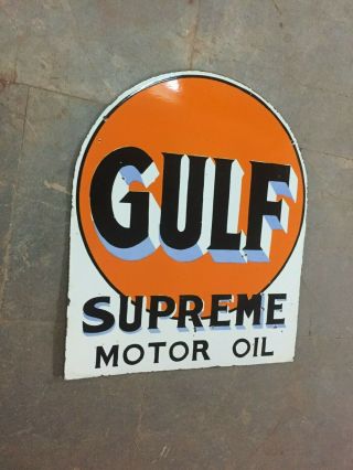 Porcelain Gulf Supreme Motor Oil Enamel Sign 21 " X 25 " Inches Double Sided