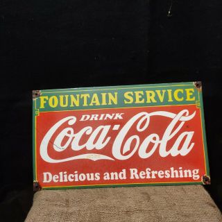 Coca Cola Fountain Service Porcelain Enamel Advertising Sign 24 X 14 Inches