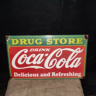 Coca Cola Drug Store Porcelain Enamel Advertising Sign 24 X 14 Inches