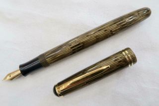 Button Filler Fountain Pen,  Brown Pearl Striated 14ct Gold Nib Fully Restored