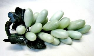 Vintage Light Green Jade Jadeite Carved Stone Bunch Of 20 Grapes,  Carved Leaves