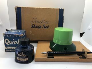 Fineline Skrip Pen Inkwell Set Green Bakelite Parker Quink Ink Blue Bottle