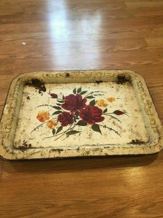 Vintage Metal Lap Tray Mid Century - Different Floral Design On Green Metal Tray