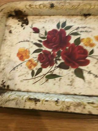 Vintage Metal Lap Tray Mid Century - Different floral design on green metal tray 3