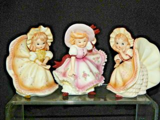 3 Vintage Lefton Bloomer Girls Ceramic Figurines Ruffled Flower Dress Peach Pink