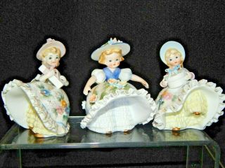3 Vintage Lefton Bloomer Girl Ceramic Figurines Ruffled Flower Dress Blue & Pink