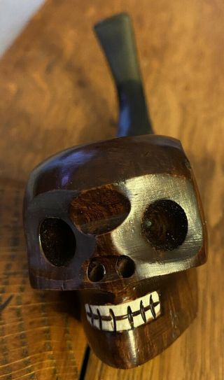 Vintage Skull Head Carved Briar Wood Tobacco Smoking Pipe Made In Italy