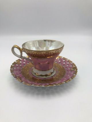 Vintage Lm Royal Halsey Very Fine Tea Cup And Saucer Reticulated Gold Trim
