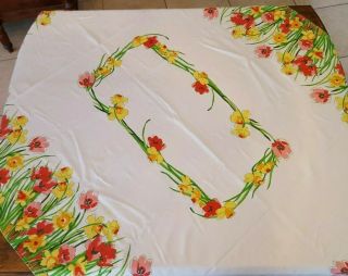 Vintage Vera Neuman Table Cloth Spring Flowers Red Yellow Tulips Daffodils 6139