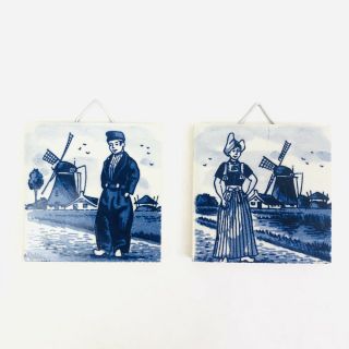 Vintage Tile H & R Johnson Dutch Windmill Boy & Girl 2” Ceramic Blue White Wall