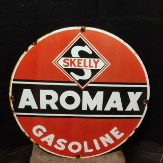Skelly Aromax Gasoline - Porcelain Enamel Advertising Sign 30 Inches Double Side