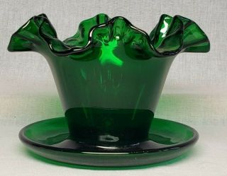 Vintage Forest Green Glass Vase Planter With Ruffled Top & Attached Saucer