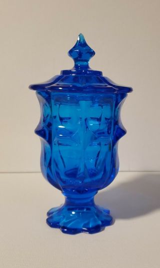 Vintage Fenton Valencia Blue Footed Depression Glass Candy Dish With Lid