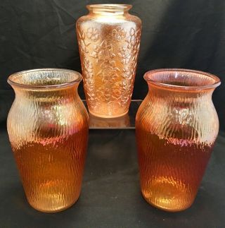 3 Antique Carnival Glass Marigold Crackle & Floral Pattern Flower Vases Vintage