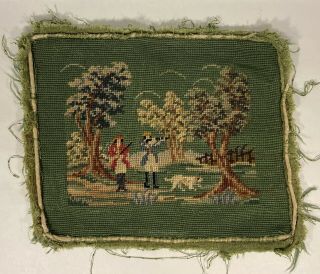 Vintage Completed Needlepoint Pillow Cushion Top Green Hunting Scene Shabby Chic