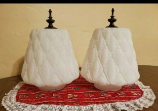 2 Vintage White Frosted,  Satin Glass Pendant Lamp Shade W/brass Tone Accent