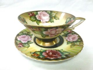 Vintage Lefton China Footed Tea Cup And Saucer Pink Roses Gold Trim 975