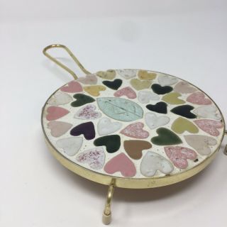 Vintage Retro Mid Century Modern Mosaic Tile Gold Handle Trivet Heart Stone