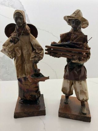 Set Of Two Mexican Folk Art Handmade Paper Mache Corn Husk Dolls Figurine