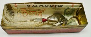 Vintage Fishing Lure,  Al Foss Shimmy Wiggler 5,  Red Tin Litho Box,  Papers