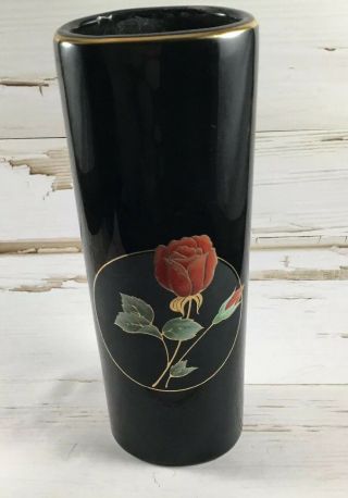 Otagiri Black Red Rose Bud Vase With Gold Rim Very Lovely Japan Crimson Rose