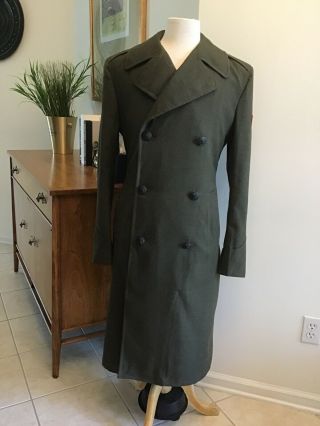 Vtg Marines Military Wool Trench Coat 36r Green Overcoat Patch 100 - 81 - C - 2696