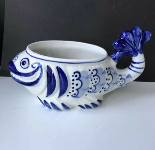 Gzhel Blue And White Porcelain Fish Bowl Hand Painted Made In Ussr Vintage