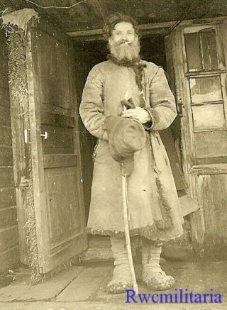Occupation German Soldier View Russian Peasant Man Smoking On Porch Of House