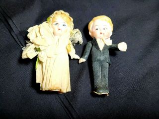 Vintage 2 Bisque Dolls,  Bride And Groom Cake Topper,  3 1/2 " Tall