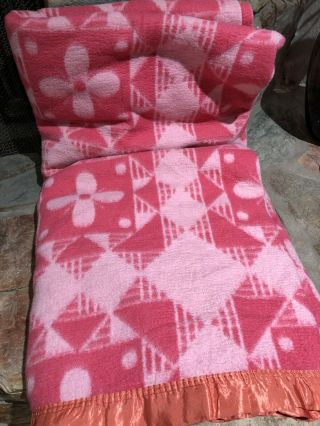 VINTAGE Satin trim BLANKET Pink floral geometric 70s design,  97” by 72 twin full 2