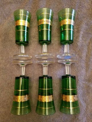 Vintage Crystal Depression Era Green Gold Etched Wine Champagne Glasses