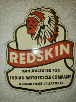 Redskin Indian Motorcycle Company Porcelain Sign Gas Oil Dealer Plate