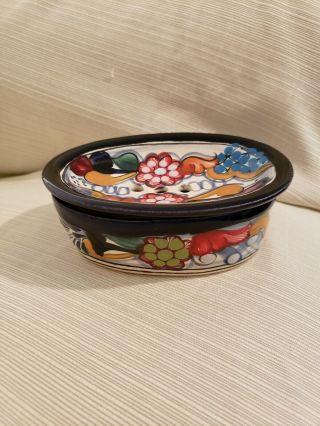 Talavera Mexican Ceramic Pottery Soap Dish With Removable Draining Lid Top