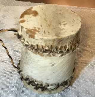 Native American Indian Ceremonial Double Sided Drum Animal Hide Fur 7 " Tall