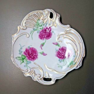 Vintage Large Hand - Painted Signed Trefoil China Handled Cake Plate - Roses W/gold