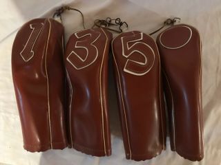 Vintage Brown Tan Faux Leather Vinyl Golf Club Head Covers Great Shape