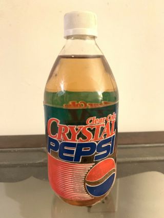 Vintage 1993 Clear Cola Crystal Pepsi Glass Bottle 16 Oz.  Full -