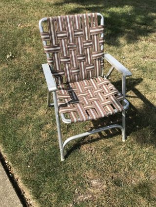 Vintage Webbed Aluminum Chair Brown White Folding Lawn Camp Lake Tailgating