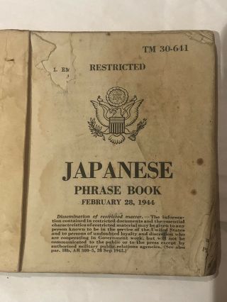 Wwii Us Army Usgi 1944 Japanese Pocket Phrase Book Tm30 - 641