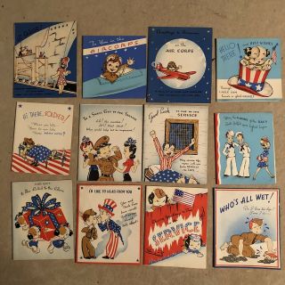 12 Vintage Ww2 Greeting Cards Navy Army Air Corps Un -